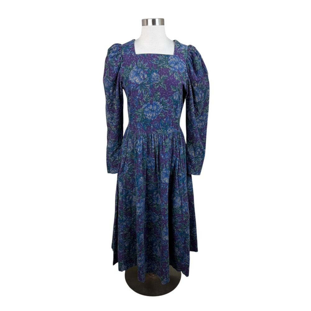 Vintage Laura Ashley Floral Corduroy Prairie Puff Sleeve Midi Dress Pockets 10